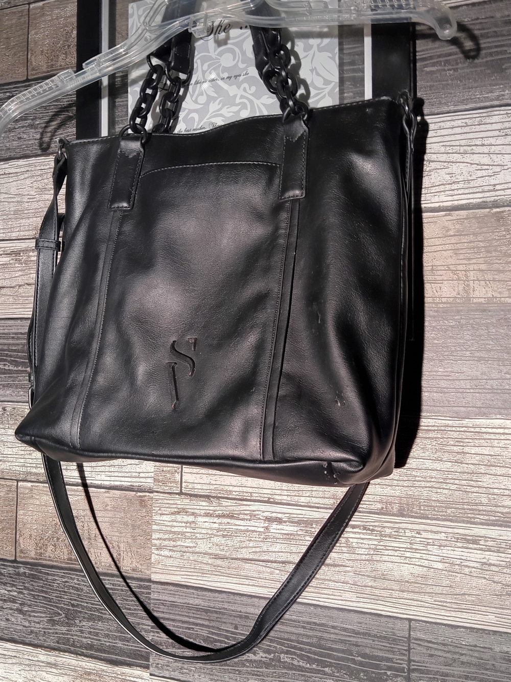 Vera Wang Black Leather Tote with Chain Handles